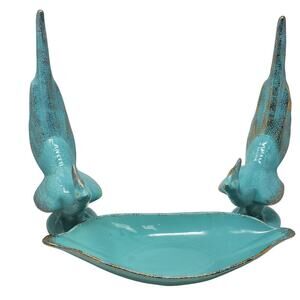 Mid-Century 50s California Pottery Turquoise Gold Pheasant Figurines Bowl